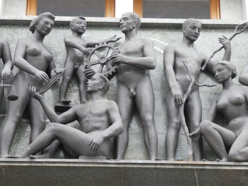 Naked people on the facade of Slovenia's parliament building.