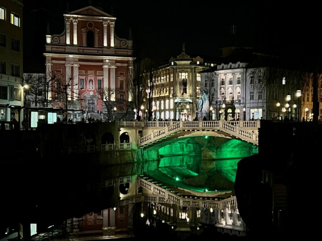Ljubljana, Slovenia city center at night