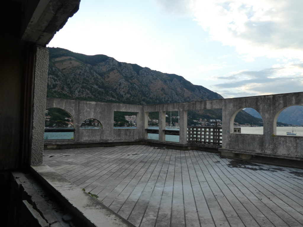 Terrace of abandoned Hotel Fjord, Kotor, Montenegro.