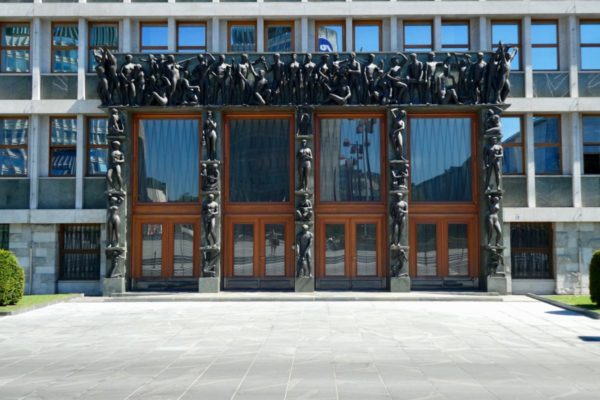 Naked people on the Slovenian National Assembly building